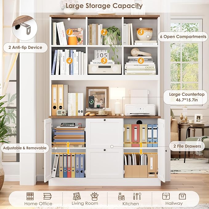HIFIT 72'' Tall File Bookcase with Power Outlet & Printer Stand, 2 Drawer Filing Cabinets for Home Office Fit Hanging A4 File, Storage Cabinet w/ 3 Tier Open Book Shelf & Doors for Living Room, White
