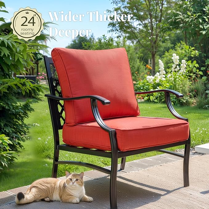 Patio Furniture Set, 6 Pcs Metal Outdoor Conversation Set, 2 Single Chairs, 2 Ottomans and 3 Seater Sofa with 5.75" Extra Thick Cushion and Gas Fire Pit Table, Red