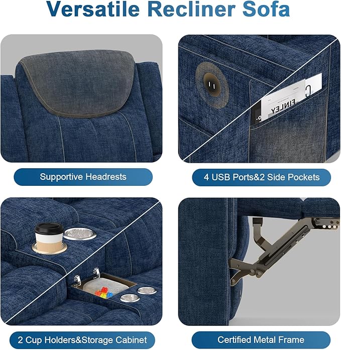 Recliner Sofa, 2 - Way Multi - Function Manual 3 Seater Couch with Cup Holders, Storage & USB Ports, Modern Multifunctional Sofa, Cloud-Like Blue Fabric Reclining Couch for Living Room