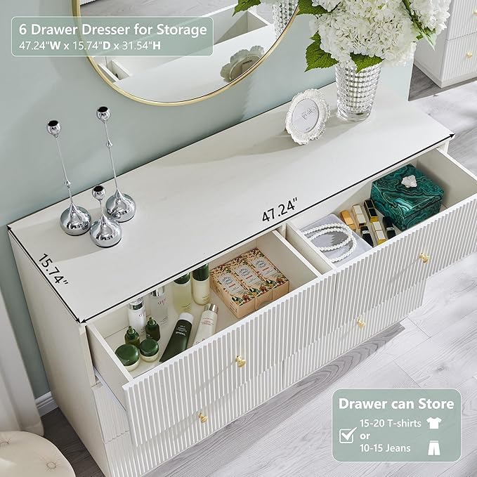 Fluted Dresser for Bedroom, 47" White 6 Drawer Dressers, Wood Tall Dresser Storage Organizer, Modern Chest of Drawers with Deep Storage for Closet Hallway, Entryway, Living Room, White