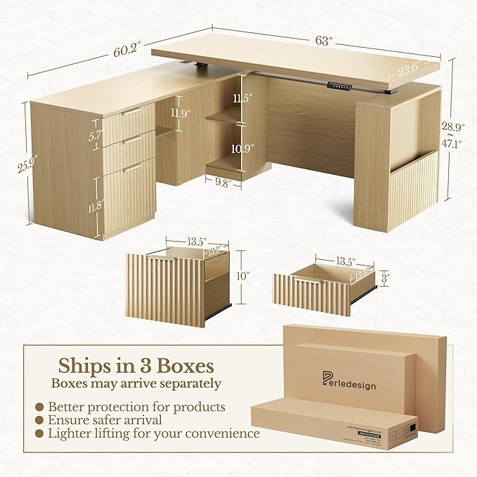 63 Inches L Shaped Standing Desk, Executive Standing Desk with Drawers and File Cabinet, AC/USB, 1.18" Desktop, Multi-sized Storage Cubby, Privacy Panel, Fluted Computer Desk, Light Walnut