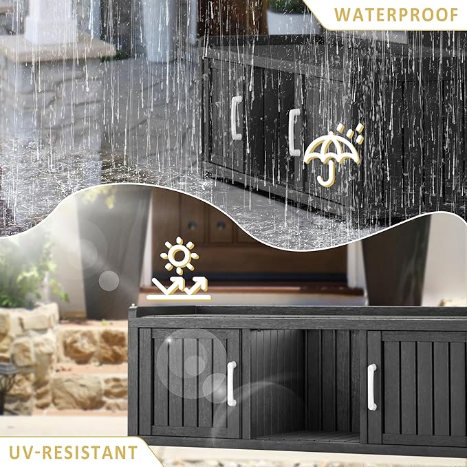 Storage Bench - Waterproof Resin Shoe Bench with Adjustable Shelves - Indoor & Outdoor Use, 2 Doors Entryway Bench with Hidden Storage Space - Storage Cabinet for Bedroom, Hallway, Black