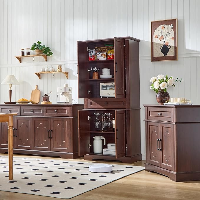 71" Tall Pantry Cabinet with Drawer and Adjustable Shelves, Modern Storage Cabinet with Doors, Kitchen Buffet Cabinet, Food Pantry Storage Cabinet, Coffee Bar, Living Room and Dining Room Cherry