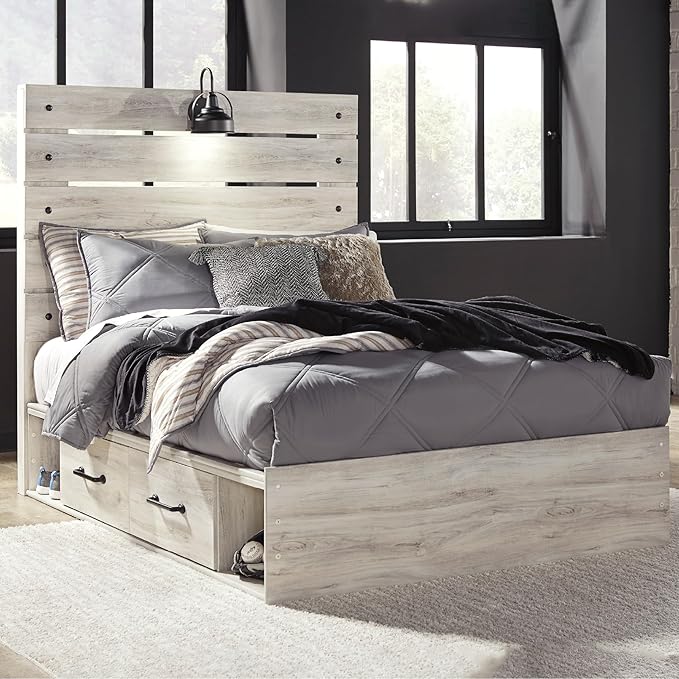 Signature Design by Ashley Cambeck Farmhouse Full Panel Platform Bed with 4 Storage Drawers, Sconce Light and USB Ports, Foundation or Box Spring Not Needed, Whitewash