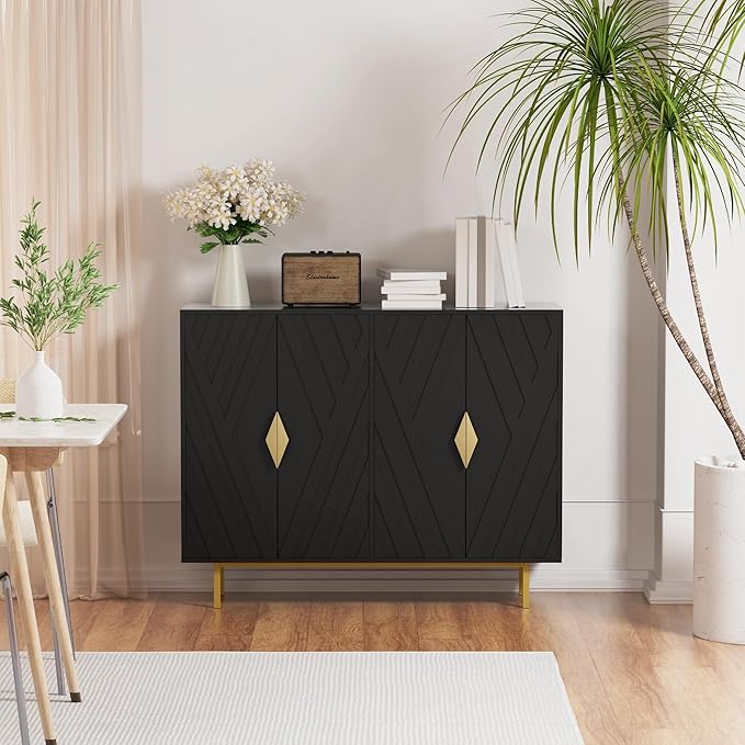 Sideboard Buffet Cabinets with Storage, 47.2" Mid-Century Modern Storage Cabinets with Adjustable Shelves, Relief 4 Doors Accent Cabinets, Wood Console Cabinet for Dining Living Room, Entryway, Black