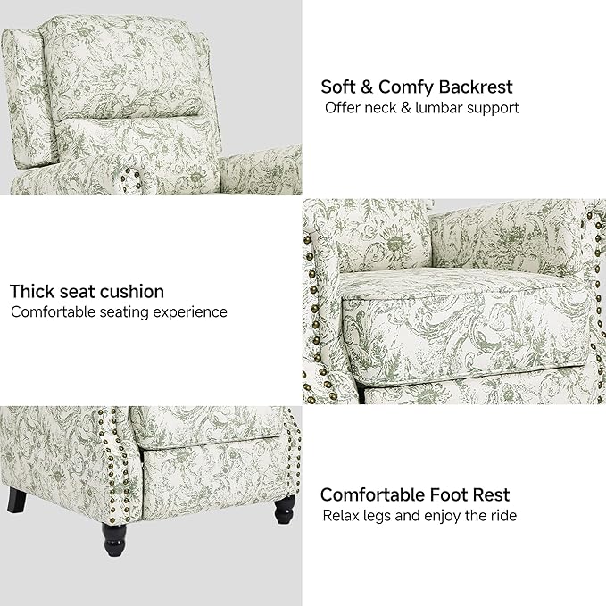Lumibee Recliner Chair, Wingback Recliner Chair for Living Room, Modern Upholstered Fabric Pushback Armchair with Adjustable Backrest & Footrest for Small Spaces,Bedroom-Rococo Green