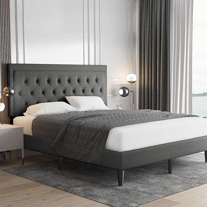 Allewie King Size Fabric Upholstered Bed Frame with Diamond Button Tufted/Adjustable Headboard/Wood Slat Support/Mattress Foundation/Dark Grey