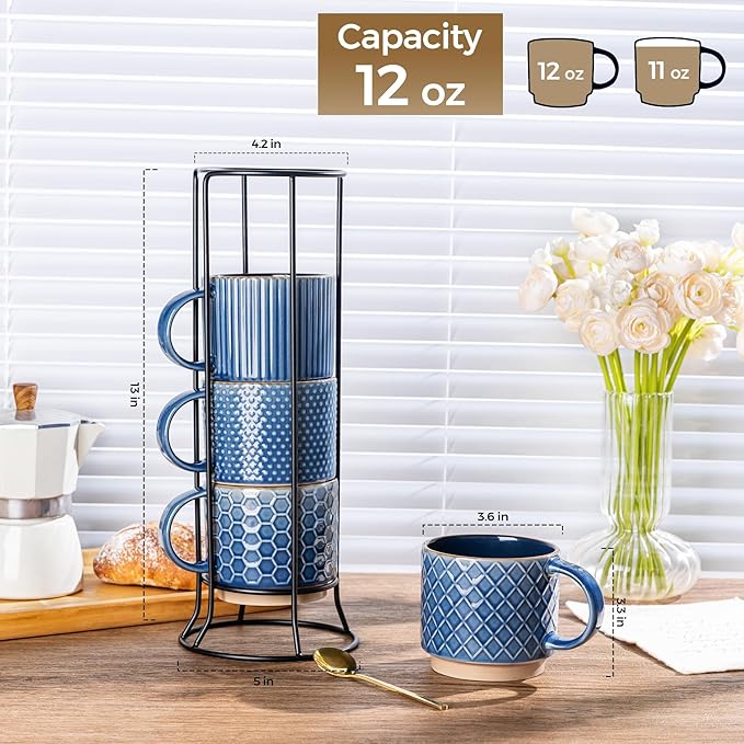 GBHOME 12OZ Stackable Coffee Mugs with Stand, Ceramic Coffee Mugs with Texture Patterns for Man,Woman,Dad,Mom, Modern Coffee Cups Set of 4 for Latte/Cappuccino/Cocoa. Dishwasher&Microwave Safe, Blue