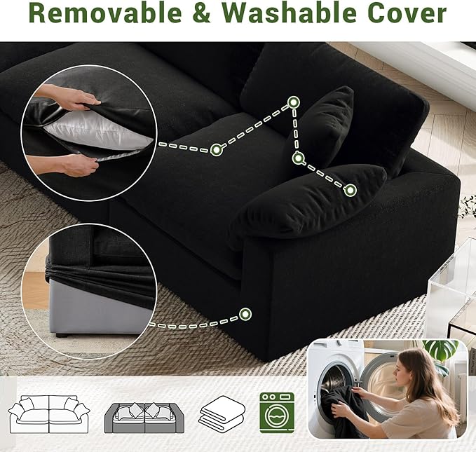 Oversize Cloud Modular Sectional Sofa,Chaise Down Filled Comfort Sofa Detachable Couch Cushion Covers for Living Room Apartment,Black