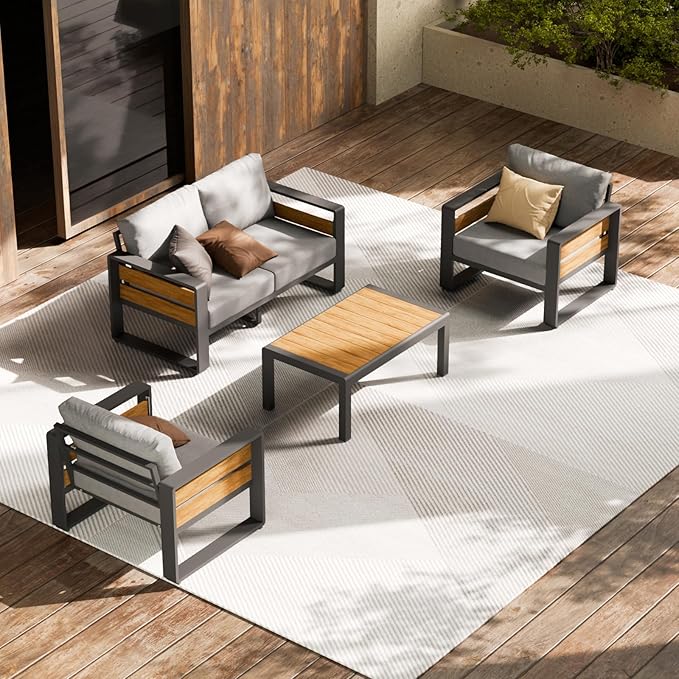 ZANDOR Outdoor Patio Conversation Sets, 4-Piece Aluminum Metal Outside Sectional Lawn Furniture with Coffee Table & Washable Thick Cushions,Seating Sofa for Garden/Backyard/Porch, Grey