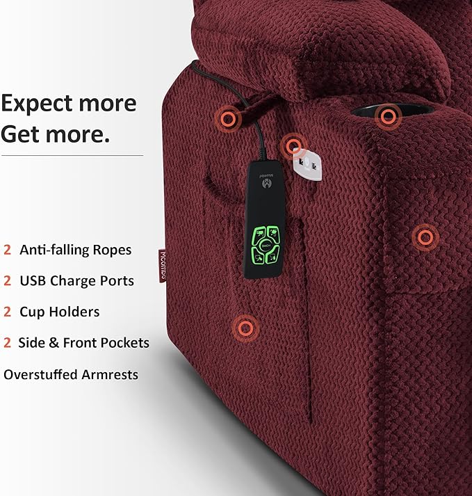 MCombo Dual Motor Power Lift Recliner Chair for Elderly, Lay Flat Lift Chair with Heat and Massage, Petite Wide Lift Chair, Cup Holders, USB A&C Ports, Fabric R7894 (Small-Wide, Burgundy)