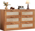 LEYAOYAO Rattan 6 Drawer Dresser for Bedroom, 54" Wide Boho Chest of Drawers, Wooden Dressers TV Stand with Metal Handle, Storage Closet Organizer for Living Room, Hallway, Tea Brown