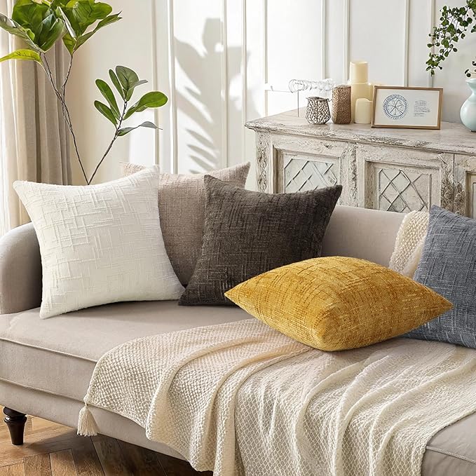 decorUhome Christmas Cream White Chenille Throw Pillow Covers 16x16 Set of 2 Thick Textured Slubby Couch Pillow Covers Farmhouse Accent Modern Neutral Decorative Pillow Cases for Bed Sofa Living Room