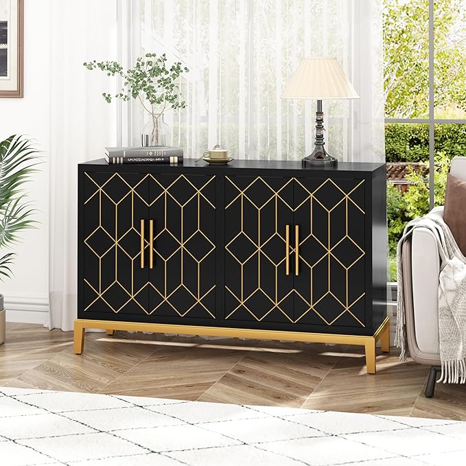 HLR Accent Cabinet with 4 Doors&Shelves, Sideboard Buffet Cabinet with Gold Trim, Modern Black Storage for Living Room, Entryway, Kitchen, Dining Room, Hallway