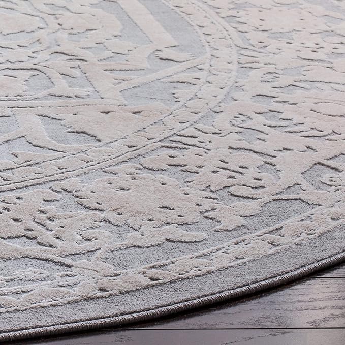 SAFAVIEH Area Rug 5' Round - Reflection Collection - Light Grey & Cream, Non-Shedding & Easy Cleaning, Ideal for Living Room, Bedroom (RFT665C)