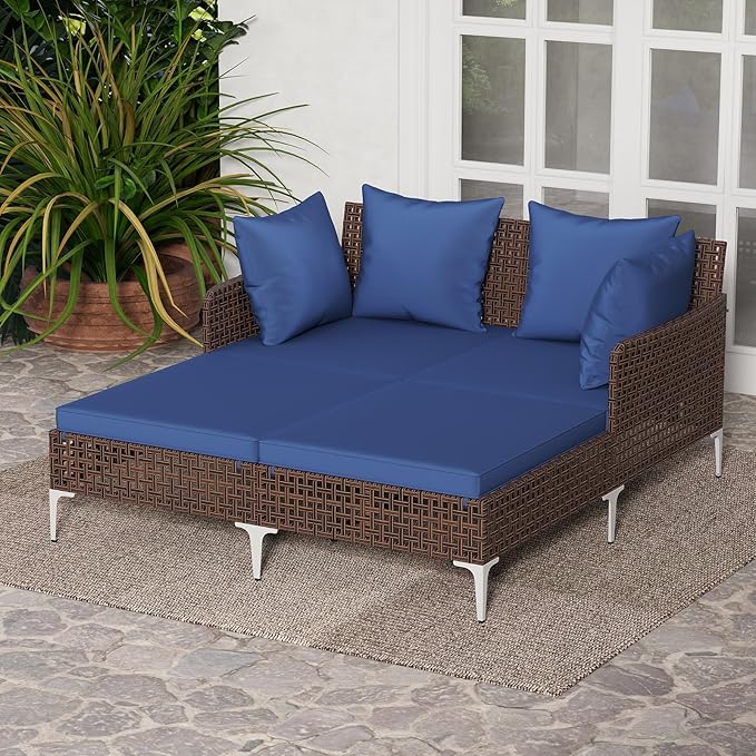 HAPPYGRILL Outdoor Patio Daybed PE Rattan Sunbed with Pillows and Cushions, Heavy-Duty Metal Frame, Outdoor Bed Lounger for Porch, Backyard and Poolside (Navy)