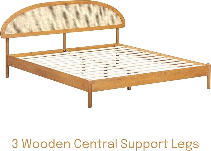 NTC Gem Wooden Bed Frame with Headboard and Natural Rattan, Solid Oak/Rubber Wood Foundation with Silent Slats, 1000 Lb Capacity, Effortless Assembly (Natural Cane - Rustic Oak, Queen)
