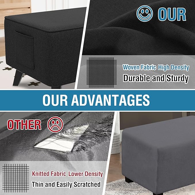 H.VERSAILTEX Ottoman Cover Rectangle Fit Length 49"-50" Footrest Linen Look Ottoman Slipcovers Thick Ottoman Covers Slipcover Rectangle Slipcovers for Ottomans Sturdy Foot Stool Cover - Heather Black