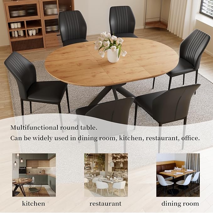 43.2"-59.1" Extendable Dining Table Set with Metal Legs, Wooden Round Kitchen Table for 4-6 Person, Oak Coffee Table w/Easy-Clean Tabletop