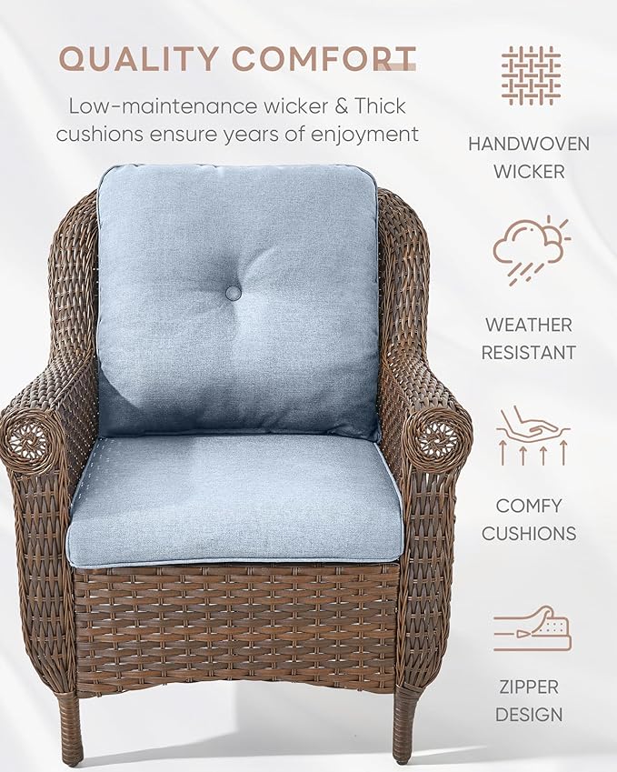 Patio Wicker Chairs Outdoor Furniture Chair - Set of 4 Outside All Weather Lawn Dining Brown Rattan Armchair with High Back&Deep Seating for Deck Porch Balcony Backyard Garden - Baby Blue