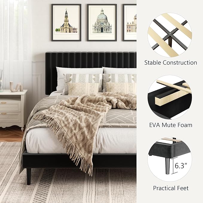 Full Size Platform Bed Frame with Velvet Upholstered Headboard, Full Bed Frame with Strong Wood Slats, Mattress Foundation, Box Spring Optional, Easy Assembly, Black