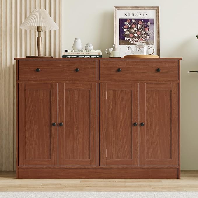 49" Brown Buffet Cabinet with Doors & Drawers, Modern Kitchen Storage Sideboard, Coffee Bar Console for Dining Room, Living Room, Entryway