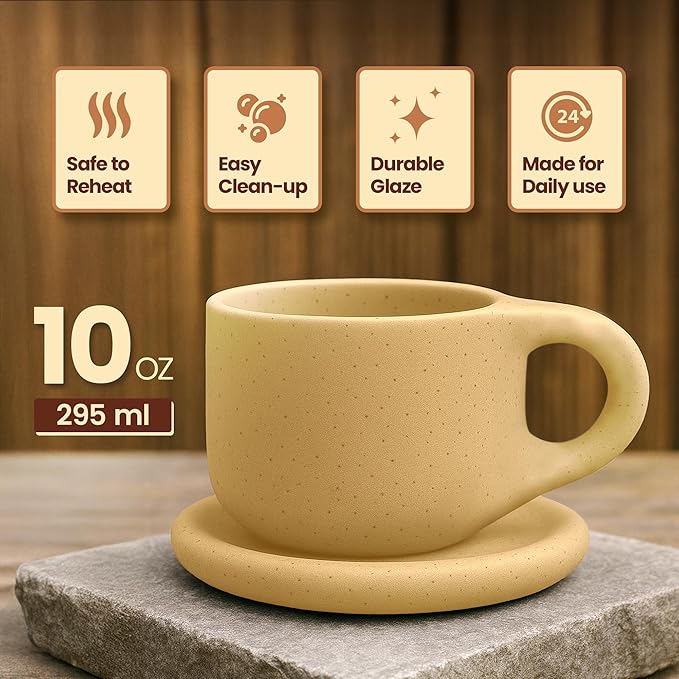 10oz Nordic Ceramic Coffee and Tea Mug – Cute Cup and Saucer Perfect for Coffee Lovers Gifts and Kitchen Essentials (Beige)