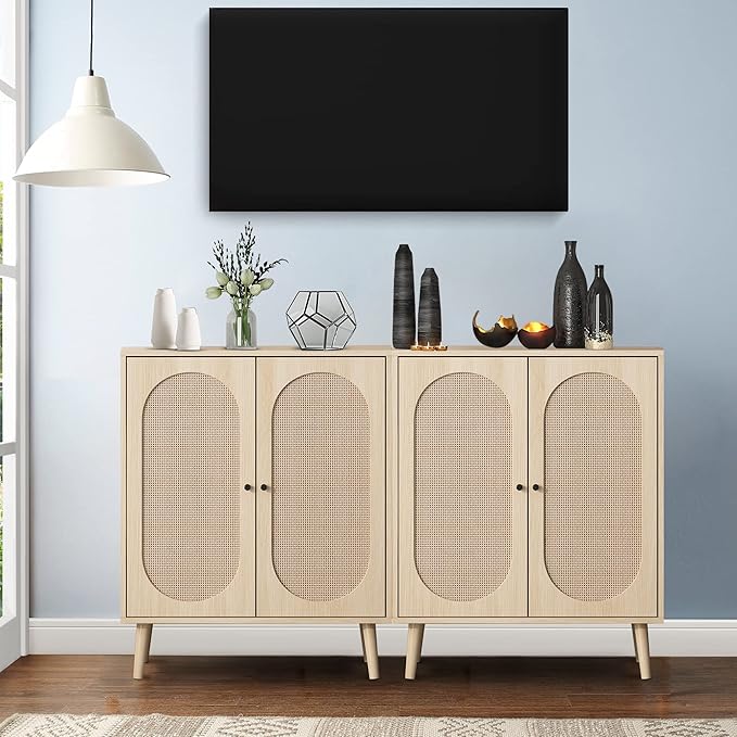 Sideboard Buffet Cabinet, High Kitchen Storage Cabinet with Rattan Doors and Adjustable Shelves, Accent Home Furniture for Living Room, Bedroom (Natural)