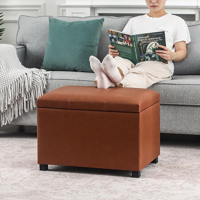 Asense 24'' Small Square Ottoman with Lift Off Lid, Storage Cube Leather Ottoman for Foot Rest, Footstool for Dorm, Living Room, Bedroom, Cognac Brown