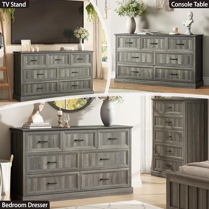 CARPETNAL Farmhouse 7 Drawer Dresser for Bedroom, 55 Inch Wide Modern Grey Dresser TV Stand with Large Drawers & Bar Handles, Rustic Wood Chest of Drawers for Bedroom, Living Room, Hallway, Entryway.