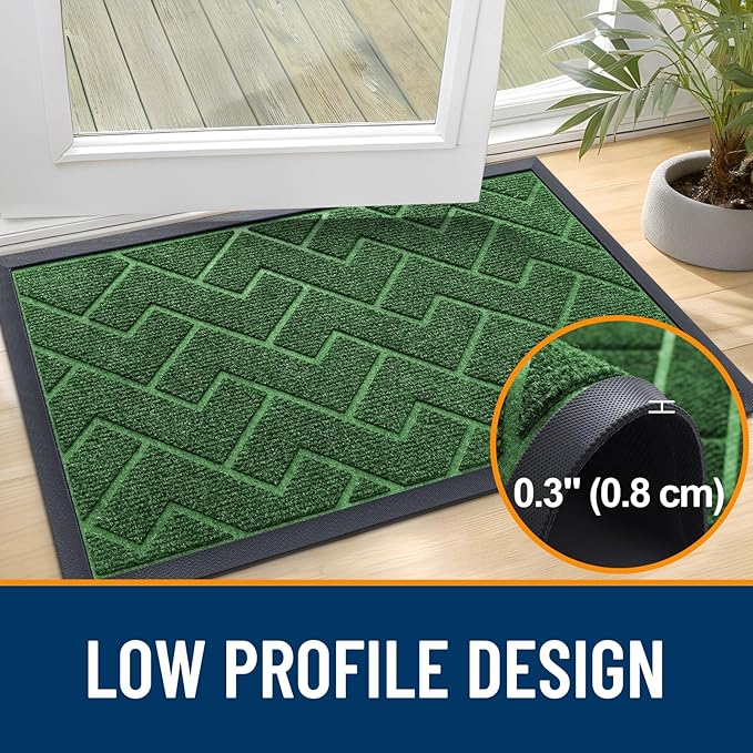 OLANLY Front Door Mat Indoor Outdoor Entrance, Waterproof All-Season, All-Weather Doormat, Sturdy Natural Rubber, Low Profile, Easy Clean Patio Porch Entryway Mat, Herringbone Brick (Green, 71x47)
