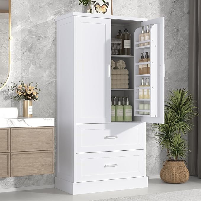 Polibi Tall Storage Cabinet with 2 Doors, 2 Drawers, 4-Tier Storage Racks of Each Door, Adjustable Shelf, Floor Free-Standing Cabinet for Bathroom, Living Room, MDF, White