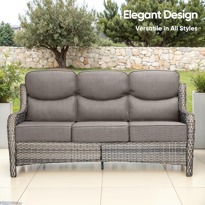 Swivel Patio Chairs sofa Set of 6 with 6" Thick Cushion - Wicker Outdoor Swivel Rocker Patio Chair ,Sofa/Glass coffee table, High Back Comfortable Outdoor Glider Chairs - Gery Wicker | Gery Cushions