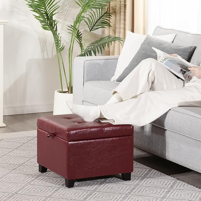Adeco Faux Leather Storage Ottoman with Hinged Lid, 14 Inch High Red Square Cube Foot Stool with Storage, Upholstered Vanity Stool with Solid Wood Legs for Living Room, Bedroom, Dorm