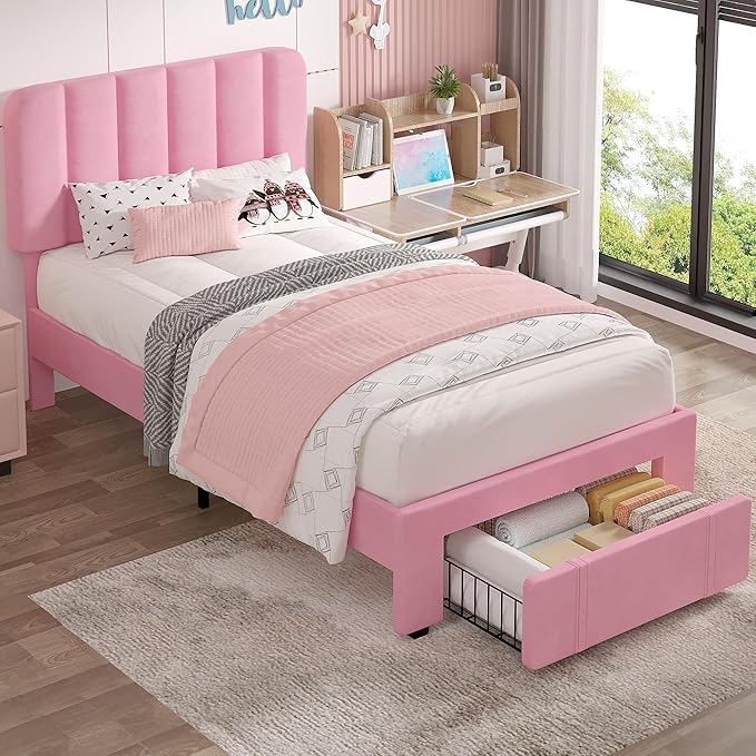 VECELO Twin Size Upholstered Bed Frame with 4 Drawers and Headboard, Velvet Platform Storage Bedframe, Wooden Slats Support, No Box Spring Needed,Pink