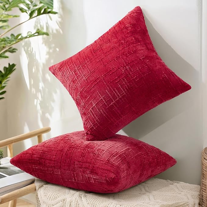 decorUhome Christmas Red Chenille Throw Pillow Covers 16x16 Set of 2 Thick Textured Slubby Couch Pillow Covers Farmhouse Accent Modern Neutral Decorative Pillow Cases for Bed Sofa Living Room
