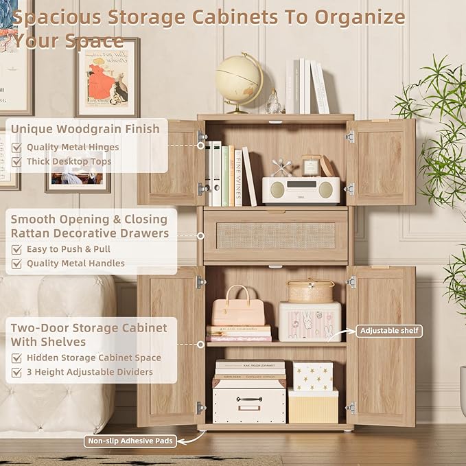LEYAOYAO 48" Tall Storage Cabinet Set of 2,Rattan Bathroom Floor Cabinets with 4 Doors & 1Drawer,Boho Kitchen Pantry with Adjustable Shelves,Wooden Cupboard for Living Room,Home Office,Natural Wood