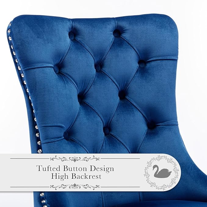 Velvet Upholstered Dining Chairs Set of 2, Modern Style Kitchen Side Chairs with Nailhead Trim and Silver Plated Leg, Metal Pulling Ring for Dining Room Living Room(Blue-Silver Plated Leg)