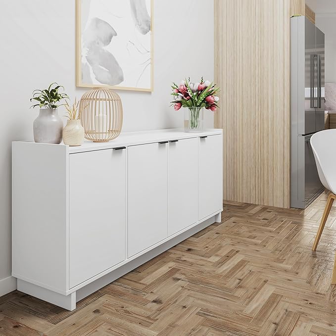 Prepac Simply Modern 4 Door Console Table with Storage, White Storage Cabinet with Doors and Shelves, Sideboard Storage Cabinet 60" W x 30" H x 16" D, WCBG-1820-1