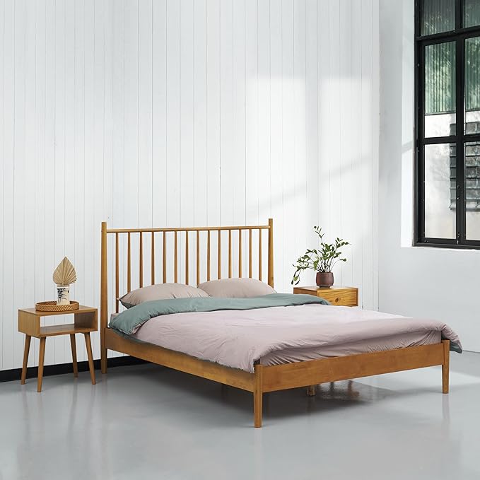 NTC Inno Wooden Bed Frame with Headboard, Solid Oak and Rubber Wood Foundation with Silent Slats and Wood Central Supports, 1000 Lb Capacity, Effortless Assembly, Queen Rustic - Oak