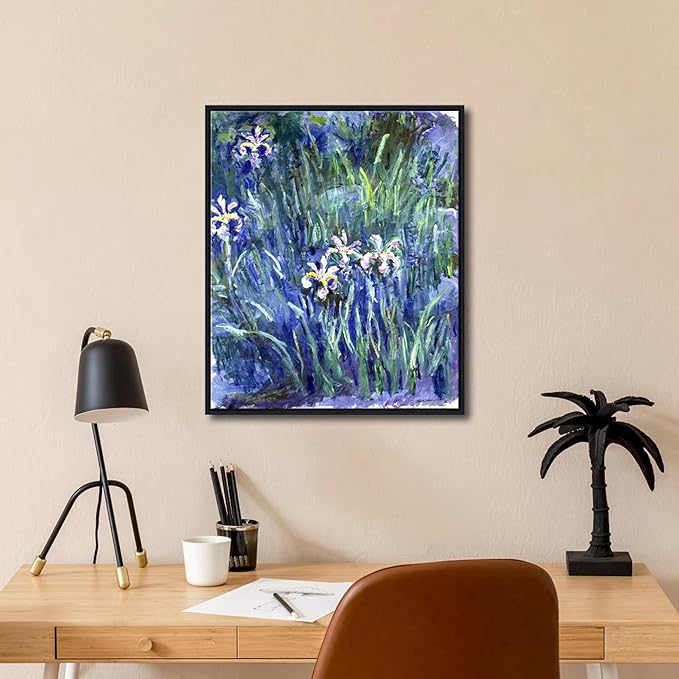 Wieco Art Framed Canvas Prints Wall Art Irises by Claude Monet Oil Paintings Reproduction Landscape Pictures Artwork on Canvas Wall Art for Living Room Decorations and Wall Decor