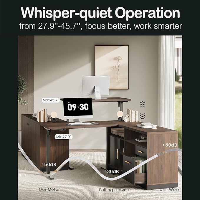 67" L-Shaped Electric Standing Desk with File Cabinet, 1.18" Desktop, Adjustable Height Executive Table, Stand Up Desk with 3 Drawers Rolling Filing Cabinet, for Home and Office, Black Walnut