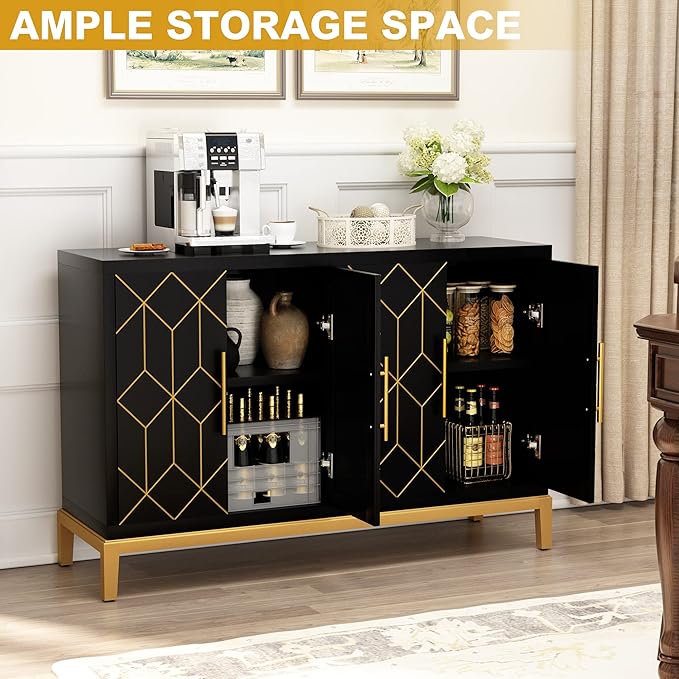 HLR Accent Cabinet with 4 Doors&Shelves, Sideboard Buffet Cabinet with Gold Trim, Modern Black Storage for Living Room, Entryway, Kitchen, Dining Room, Hallway