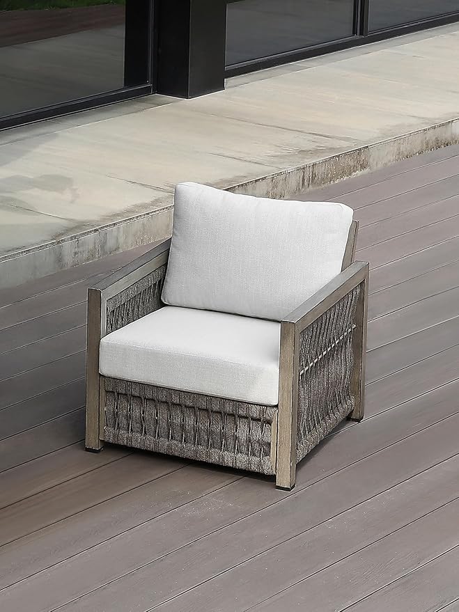 Patio Chair, Outdoor Aluminum Chair with Thick Washable Cushions, Rope Weave Outdoor Armchair Furniture Patio Sofa Armchair, Deep Seating Outside Furniture for Garden, Porch, Balcony, Gray Oak
