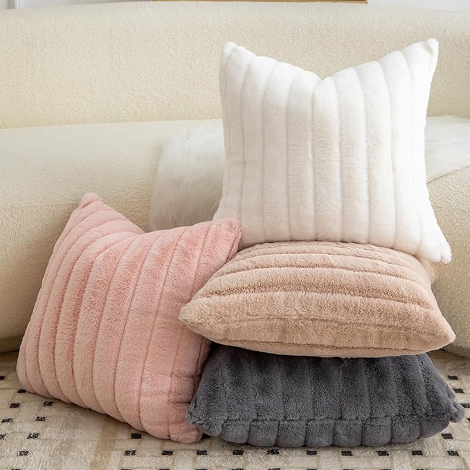 Pack of 2 Faux Fur Throw Pillow Covers 22x22 Inch Striped Decorative Soft Plush Couch Pillow Case Home Decor for Bed, Sofa, Living Room Darkgrey