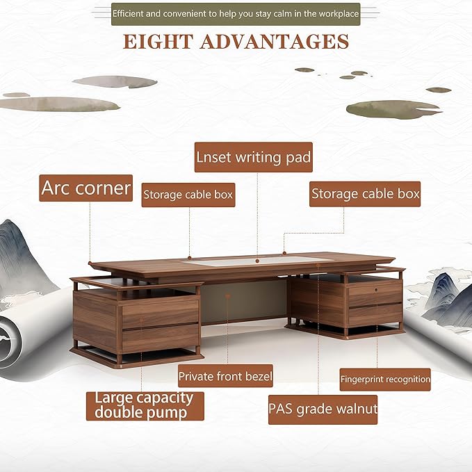 Executive Desk, 133.9 inch Executive Wood Desks L Shape Desk with Drawers with Drawers and Lockable Storage No Installation Required Without Display Racks and Bookshelves