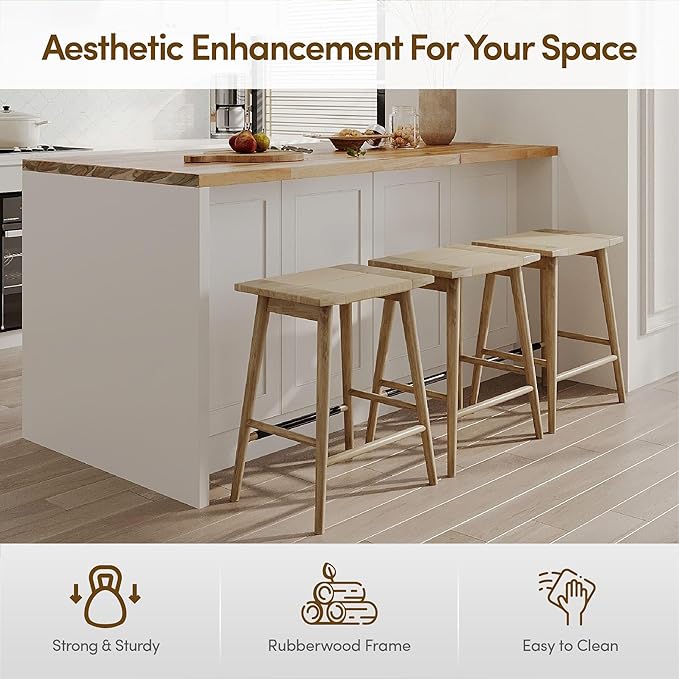 Thor Wicker Premium Solid Wood Counter Stool 24", Set of 2, Backless Counter Height Seating with Hand-Knitted Rope, Eco-Friendly Modern Design (Light Brown)