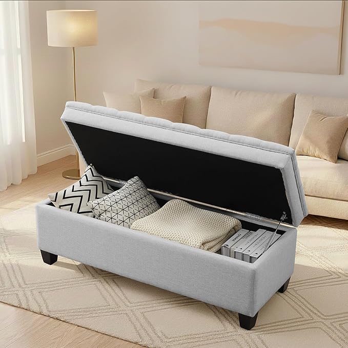 50" Storage Ottoman Bench, Rectangular End of Bed Storage Bench, Upholstered Large Fabric Tufted Ottoman with Storage for Living Room, Bedroom, Entryway,Light Gray