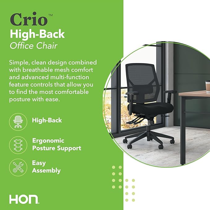 HON Crio High Back Office Chair, Ergonomic Office Chair with Adjustable Arms and Back Support, 360° Swivel, Asynchro-Tilt Recline, Black