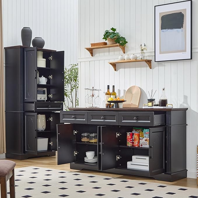 63" Black Buffet Sideboard Cabinet with 4 Doors and 3 Drawers, Modern Farmhouse Kitchen Storage Cabinet, Coffee Bar Cabinet with Adjustable Shelves, Kitchen Living Room Storage, Dining Room